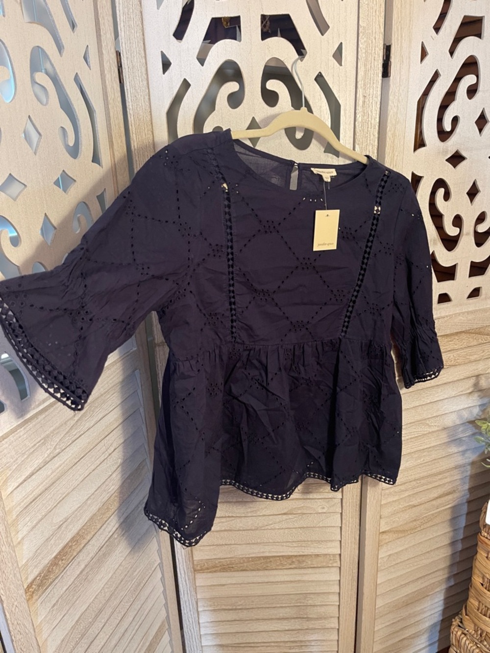 Jennifer & Grace Navy Eyelet Peplum Blouse